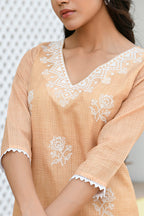 Vaasva Women Mustard Kota Doria Embroidered Solid Kurta Set With Solid Pants & Printed Dupatta | Grocsy