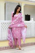 Vaasva Women Pink Kota Doria Embroidered Solid Kurta Set With Solid Pants & Printed Dupatta | Grocsy