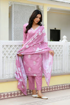 Vaasva Women Pink Kota Doria Embroidered Solid Kurta Set With Solid Pants & Printed Dupatta | Grocsy