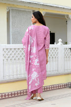Vaasva Women Pink Kota Doria Embroidered Solid Kurta Set With Solid Pants & Printed Dupatta | Grocsy