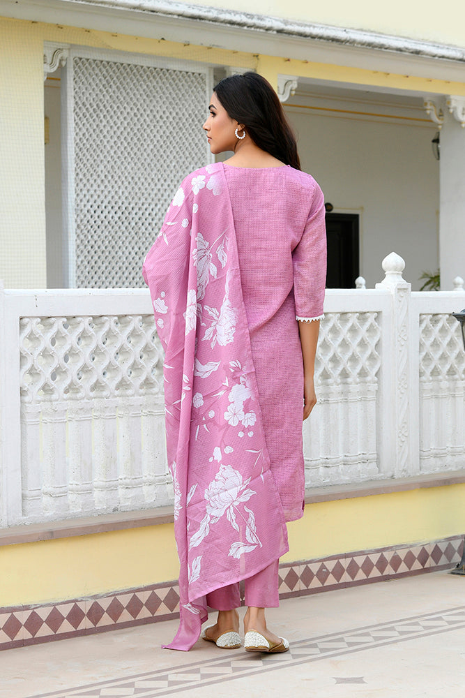 Vaasva Women Pink Kota Doria Embroidered Solid Kurta Set With Solid Pants & Printed Dupatta | Grocsy