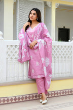 Vaasva Women Pink Kota Doria Embroidered Solid Kurta Set With Solid Pants & Printed Dupatta | Grocsy