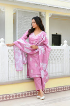 Vaasva Women Pink Kota Doria Embroidered Solid Kurta Set With Solid Pants & Printed Dupatta | Grocsy
