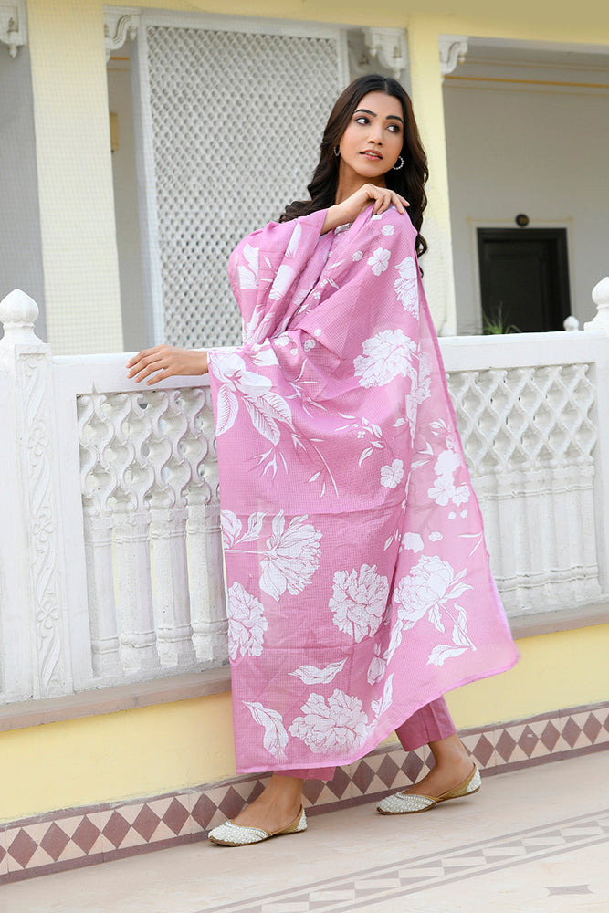 Vaasva Women Pink Kota Doria Embroidered Solid Kurta Set With Solid Pants & Printed Dupatta | Grocsy