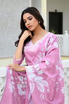Vaasva Women Pink Kota Doria Embroidered Solid Kurta Set With Solid Pants & Printed Dupatta | Grocsy