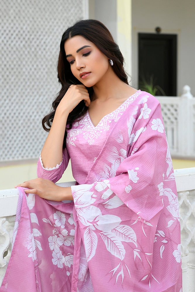 Vaasva Women Pink Kota Doria Embroidered Solid Kurta Set With Solid Pants & Printed Dupatta | Grocsy