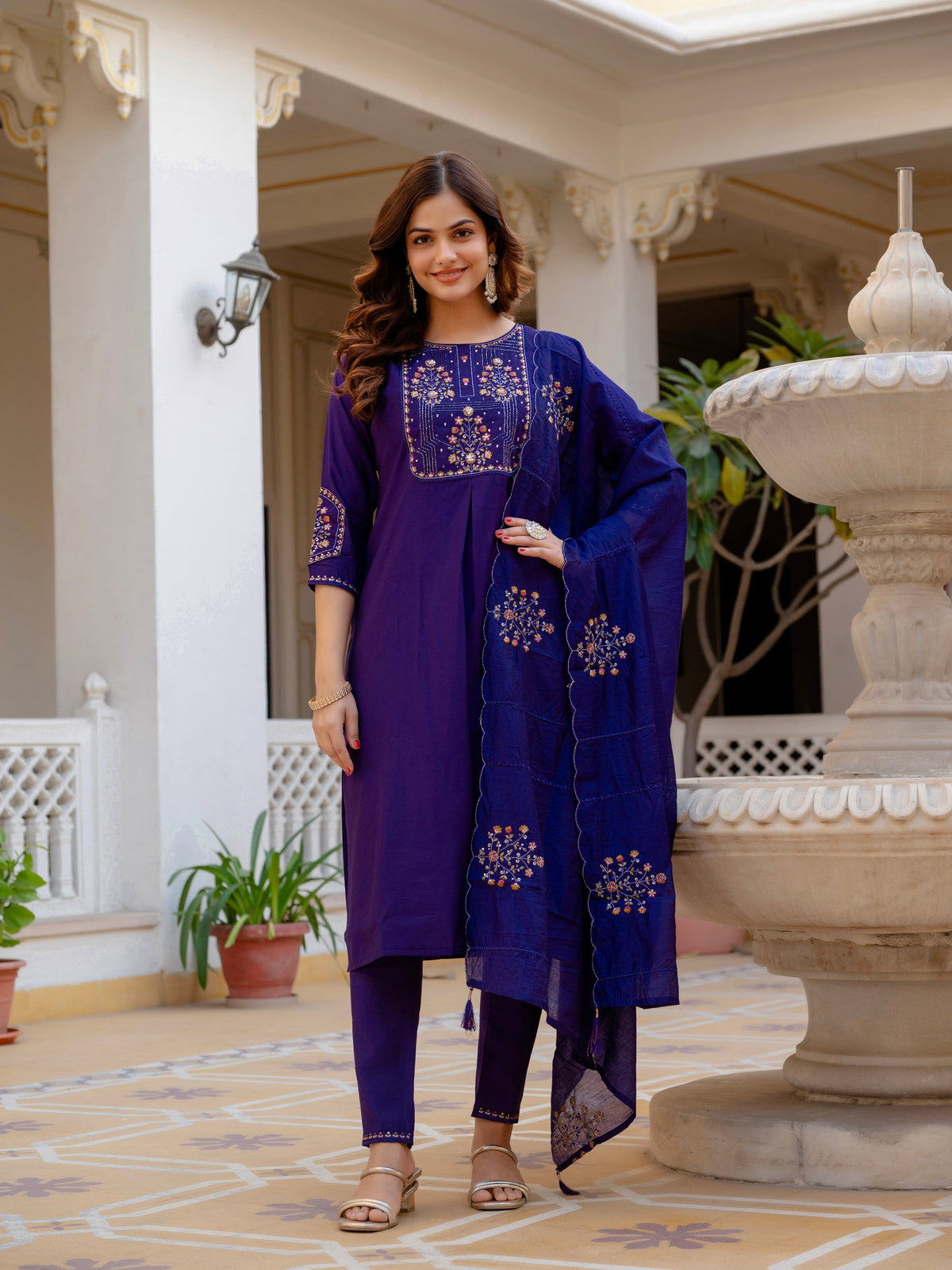 Vedant Vastram Viscose Silk Hand Work & Embroidery Work Stitched Salwar Suit Set-Violet | Grocsy