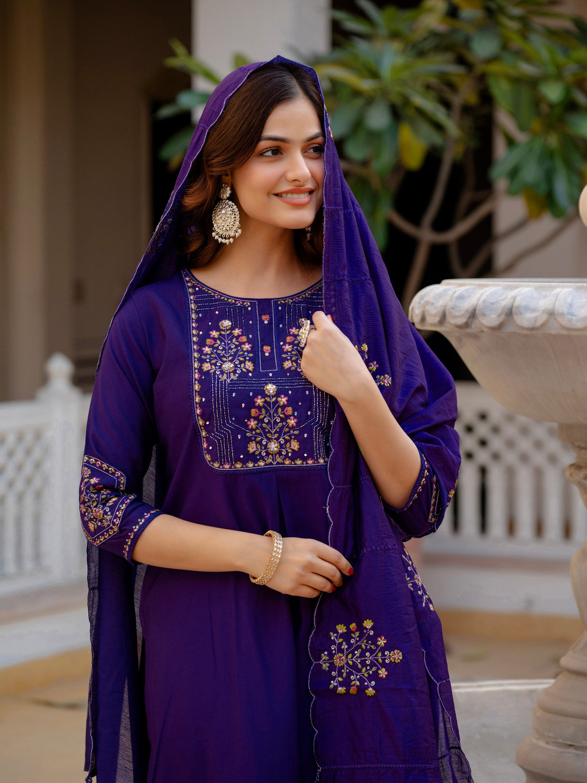 Vedant Vastram Viscose Silk Hand Work & Embroidery Work Stitched Salwar Suit Set-Violet | Grocsy