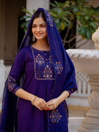 Vedant Vastram Viscose Silk Hand Work & Embroidery Work Stitched Salwar Suit Set-Violet | Grocsy