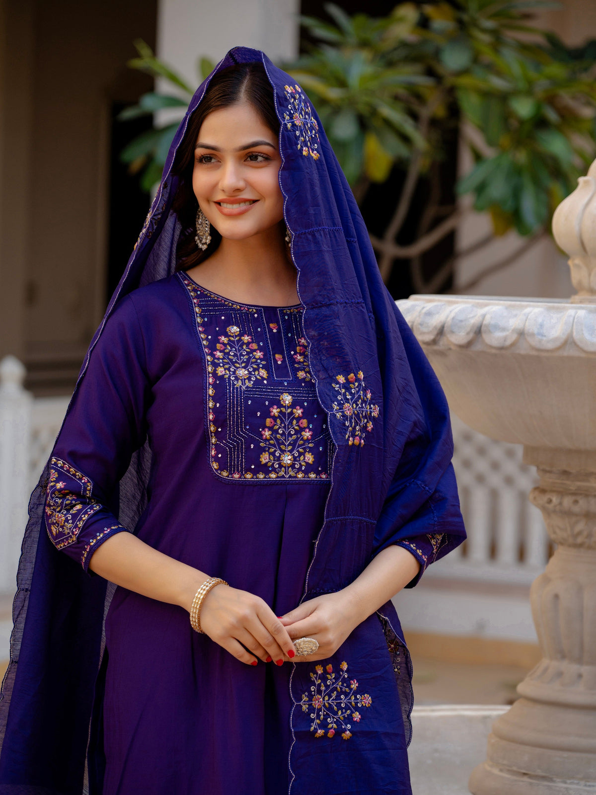Vedant Vastram Viscose Silk Hand Work & Embroidery Work Stitched Salwar Suit Set-Violet | Grocsy