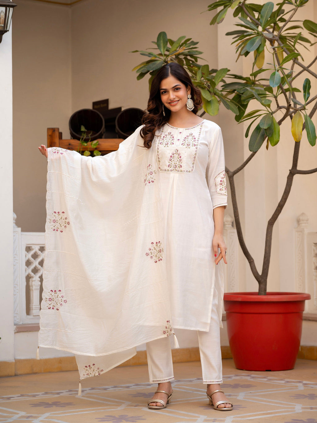Vedant Vastram Viscose Silk Hand Work & Embroidery Work Stitched Salwar Suit Set-White | Grocsy
