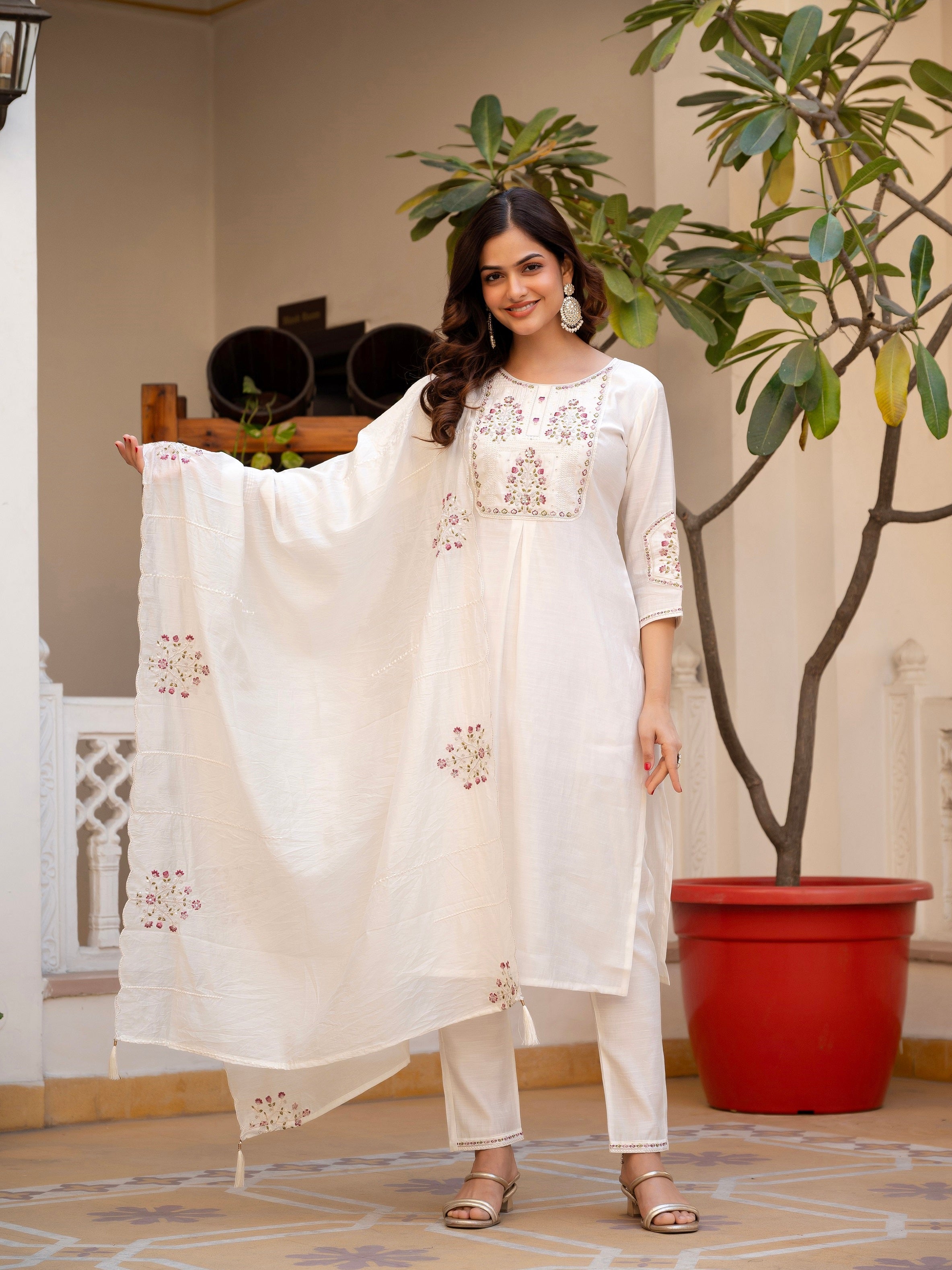 Vedant Vastram Viscose Silk Hand Work & Embroidery Work Stitched Salwar Suit Set-White | Grocsy