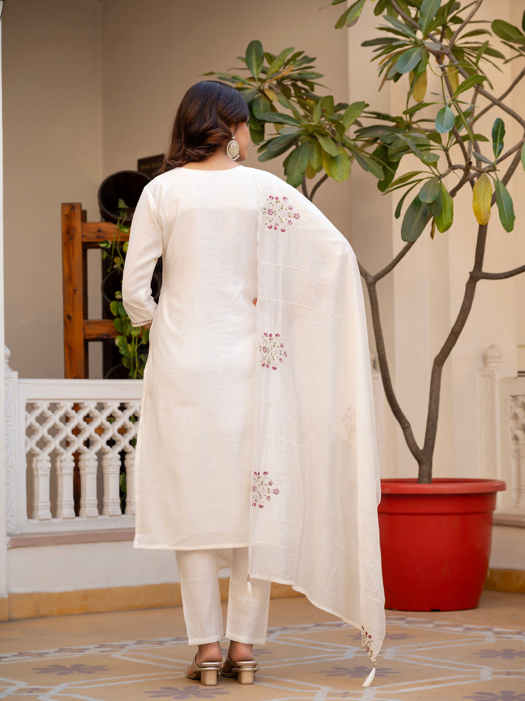 Vedant Vastram Viscose Silk Hand Work & Embroidery Work Stitched Salwar Suit Set-White | Grocsy