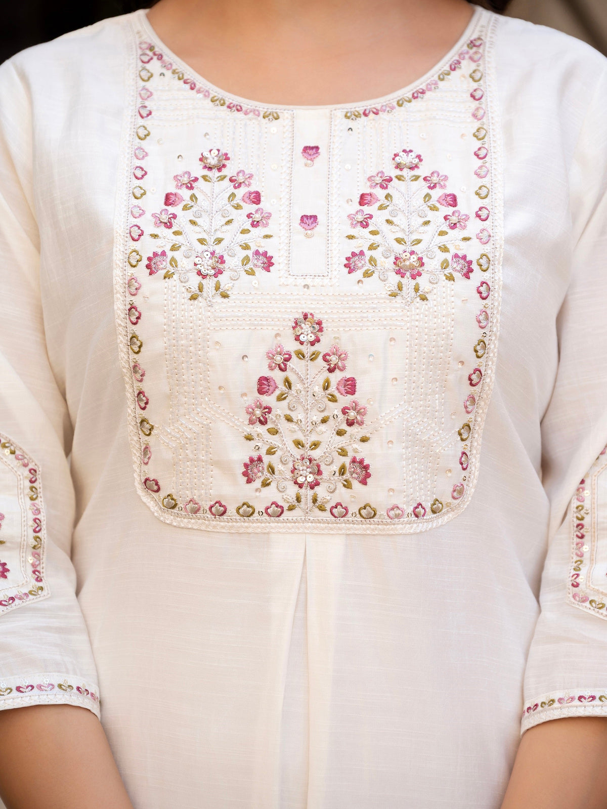 Vedant Vastram Viscose Silk Hand Work & Embroidery Work Stitched Salwar Suit Set-White | Grocsy