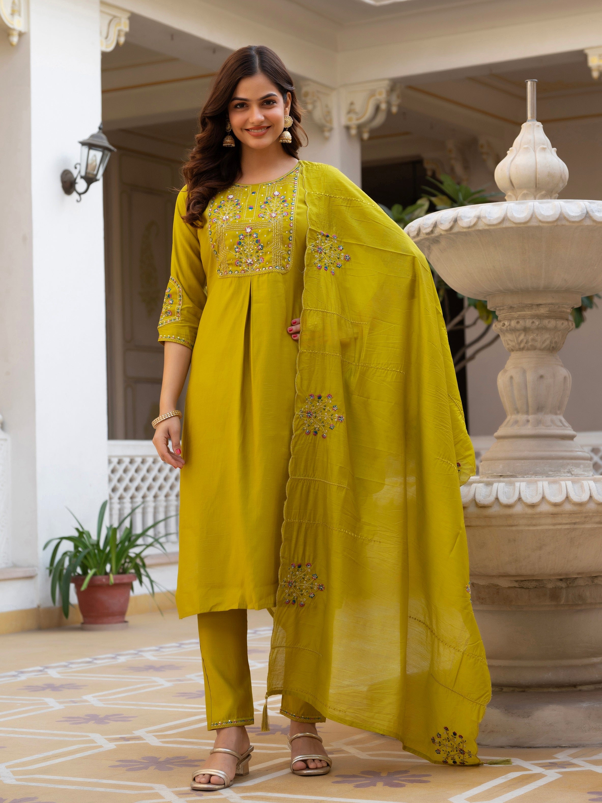 Vedant Vastram Viscose Silk Hand Work & Embroidery Work Stitched Salwar Suit Set-Yellow | Grocsy