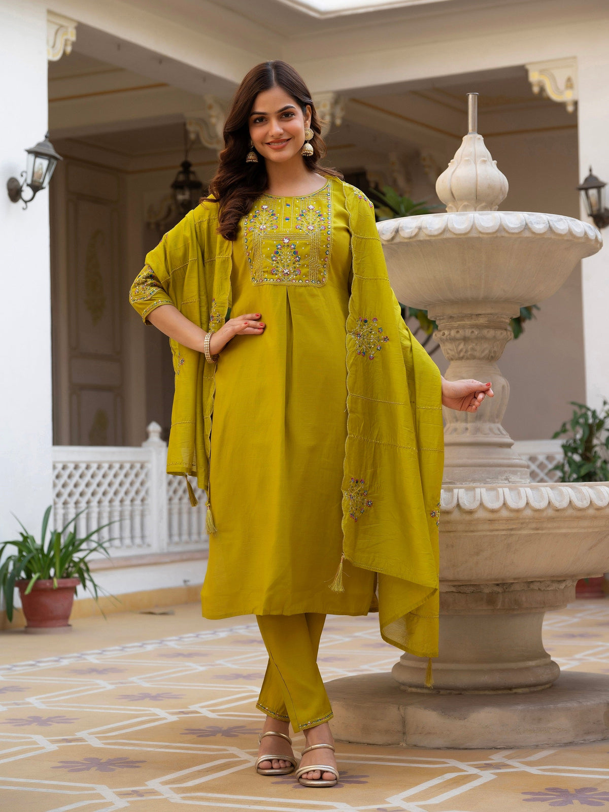 Vedant Vastram Viscose Silk Hand Work & Embroidery Work Stitched Salwar Suit Set-Yellow | Grocsy