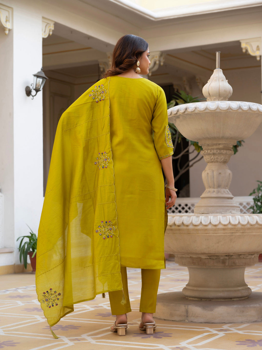Vedant Vastram Viscose Silk Hand Work & Embroidery Work Stitched Salwar Suit Set-Yellow | Grocsy