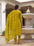 Vedant Vastram Viscose Silk Hand Work & Embroidery Work Stitched Salwar Suit Set-Yellow | Grocsy
