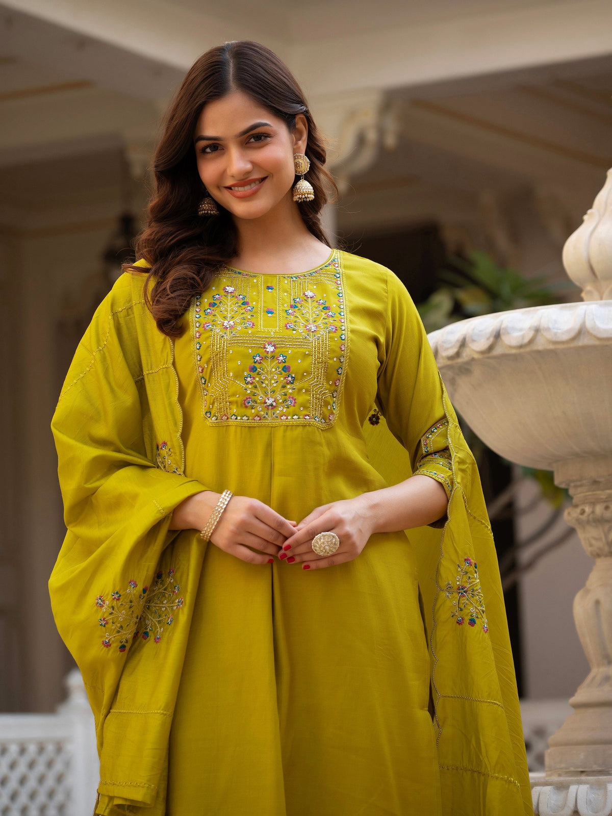 Vedant Vastram Viscose Silk Hand Work & Embroidery Work Stitched Salwar Suit Set-Yellow | Grocsy