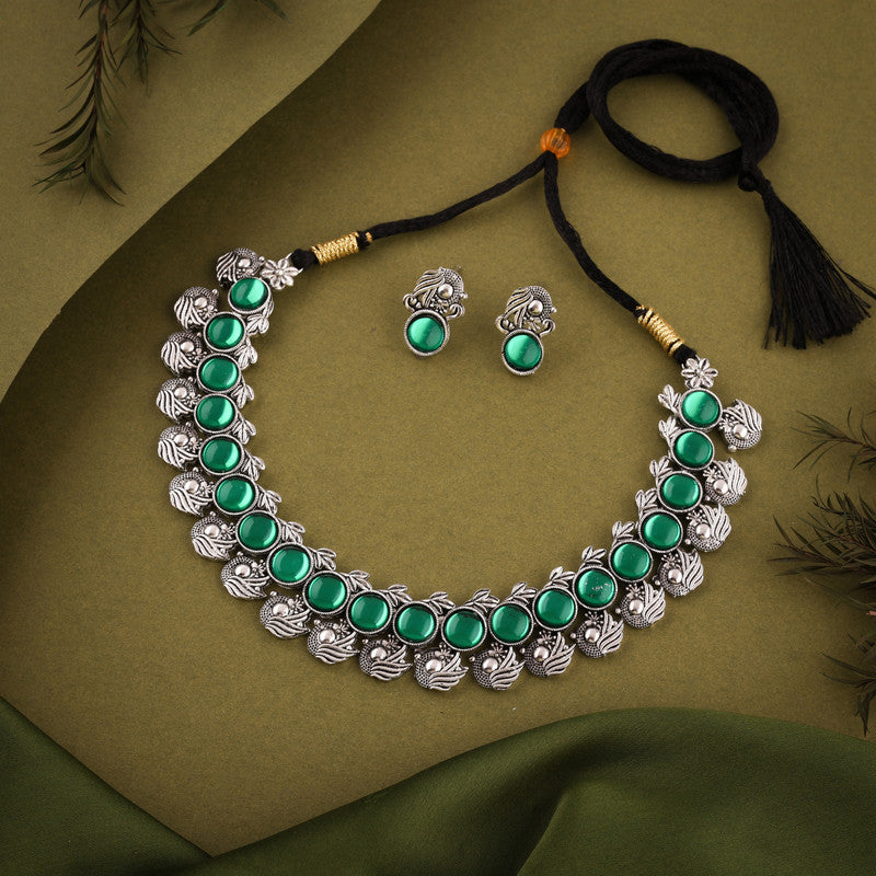 Tehzeeb Creations Silver Plated Green Colour Stone Jewellery Choker Necklace Set With Matching Pair of Stud Earrings | Grocsy