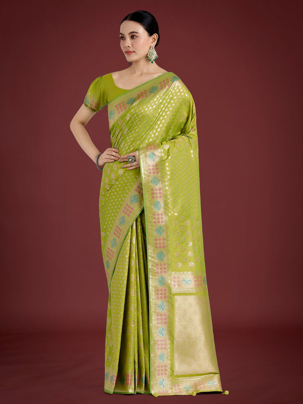 Monjolika Fashion Lime Green Colour Banarasi Silk Zari Weaving Classic Saree | Grocsy