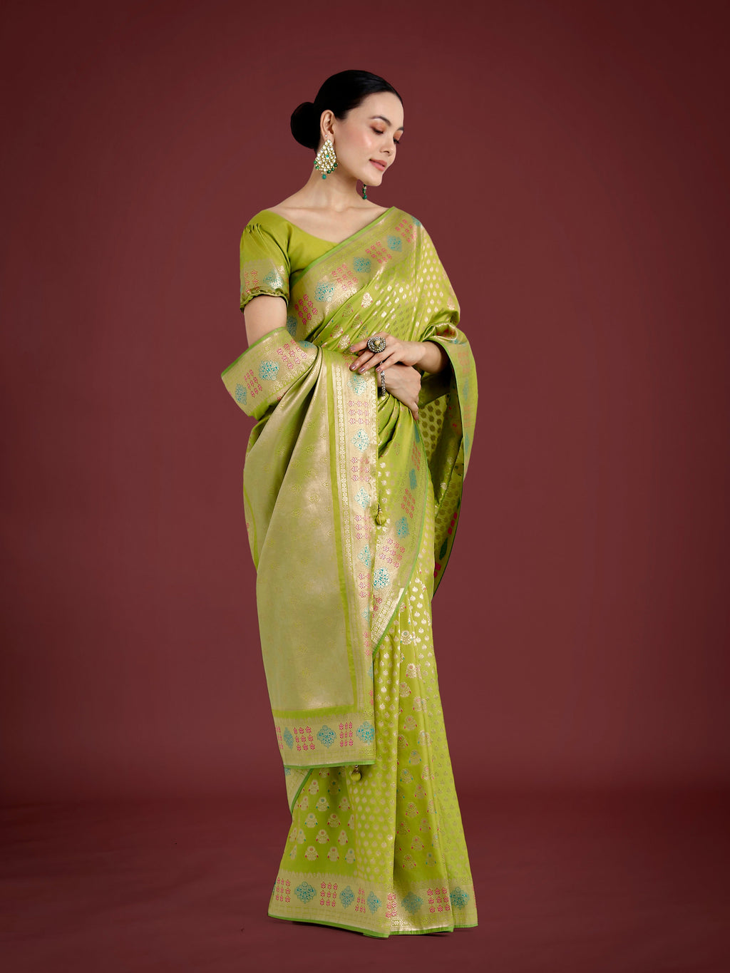 Monjolika Fashion Lime Green Colour Banarasi Silk Zari Weaving Classic Saree | Grocsy