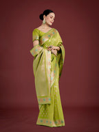 Monjolika Fashion Lime Green Colour Banarasi Silk Zari Weaving Classic Saree | Grocsy