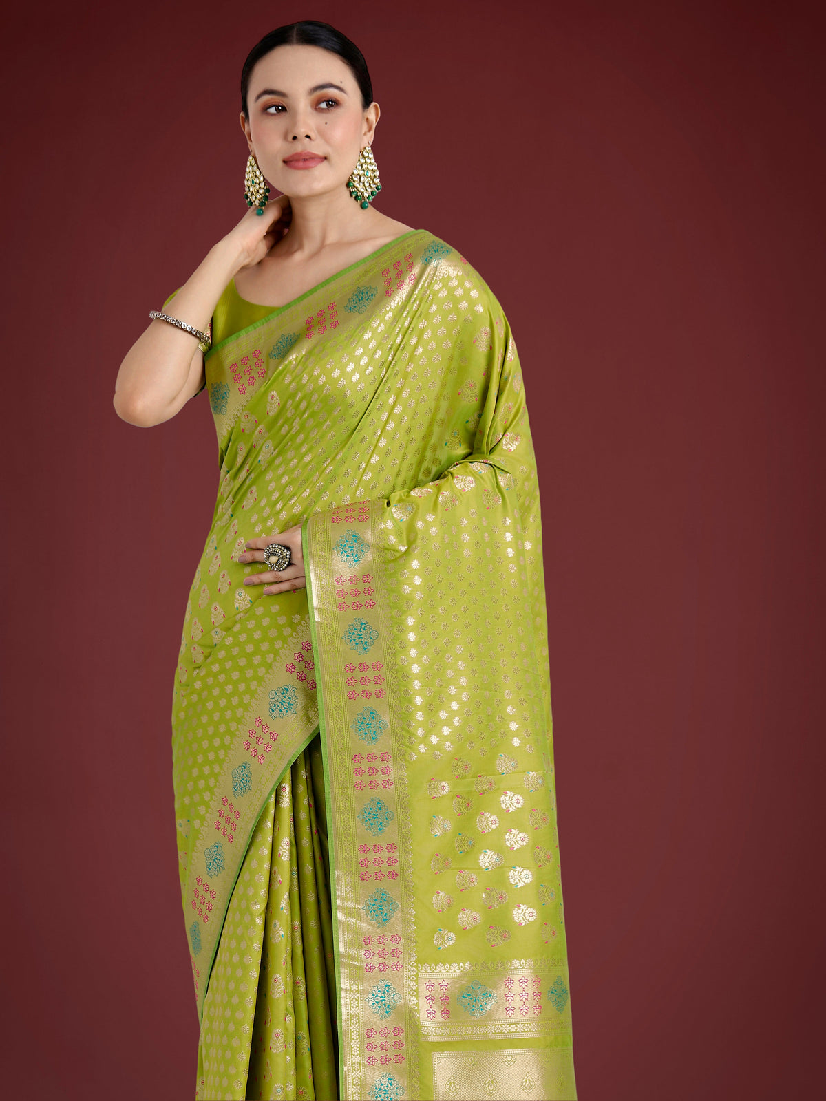 Monjolika Fashion Lime Green Colour Banarasi Silk Zari Weaving Classic Saree | Grocsy