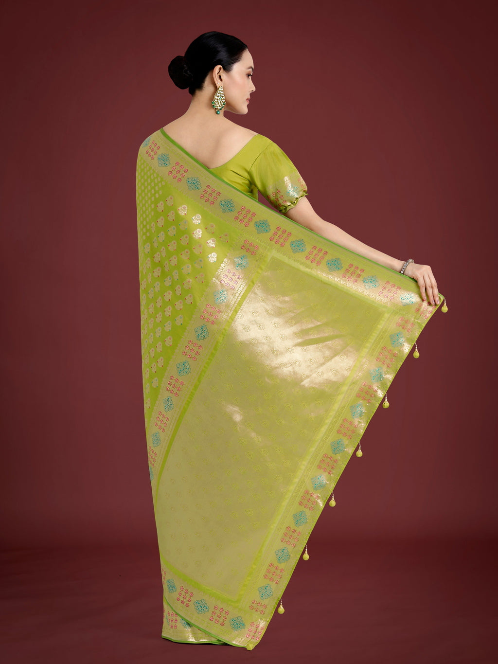 Monjolika Fashion Lime Green Colour Banarasi Silk Zari Weaving Classic Saree | Grocsy