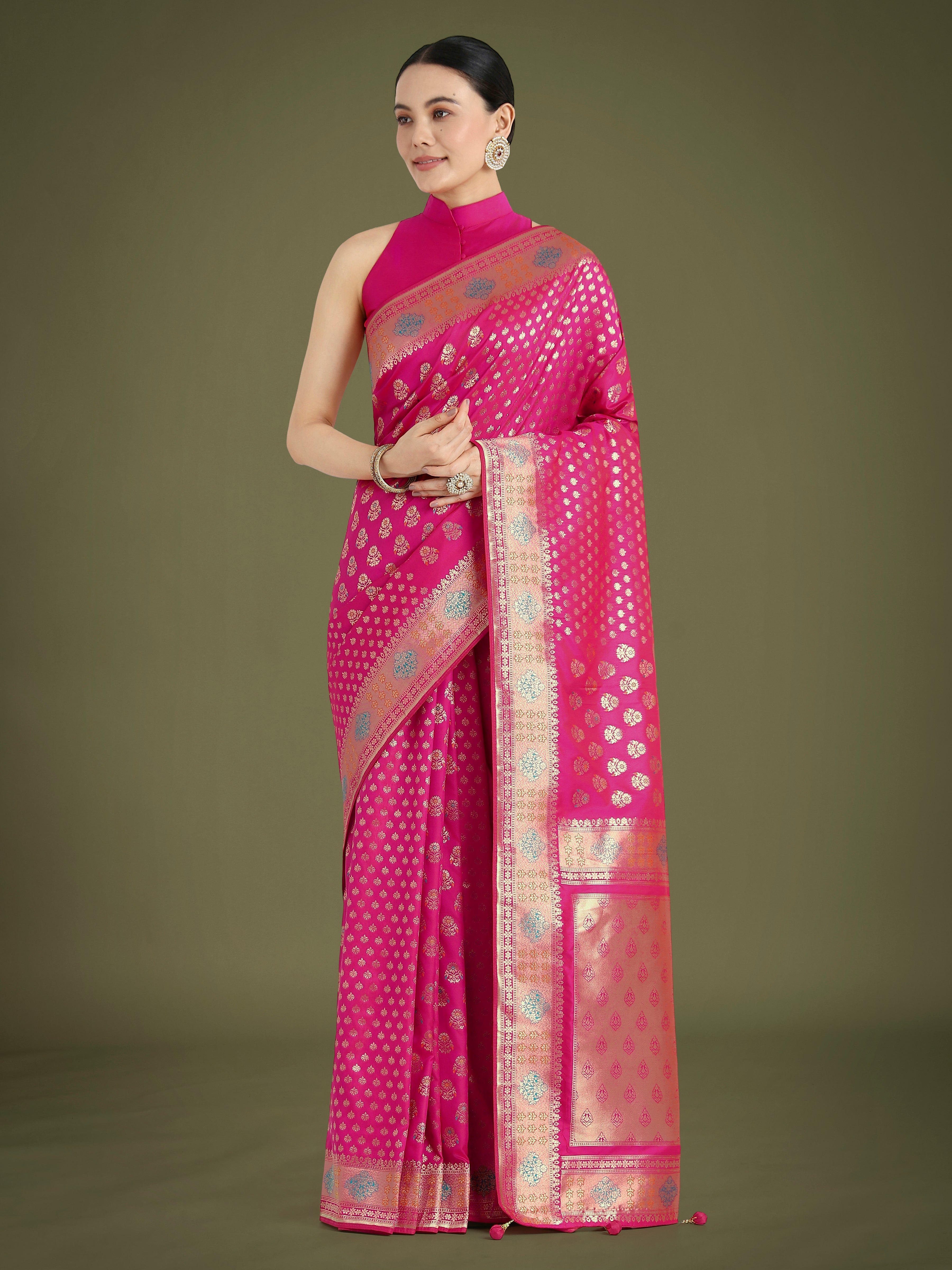 Monjolika Fashion Rani Pink Colour Banarasi Silk Zari Weaving Classic Saree | Grocsy
