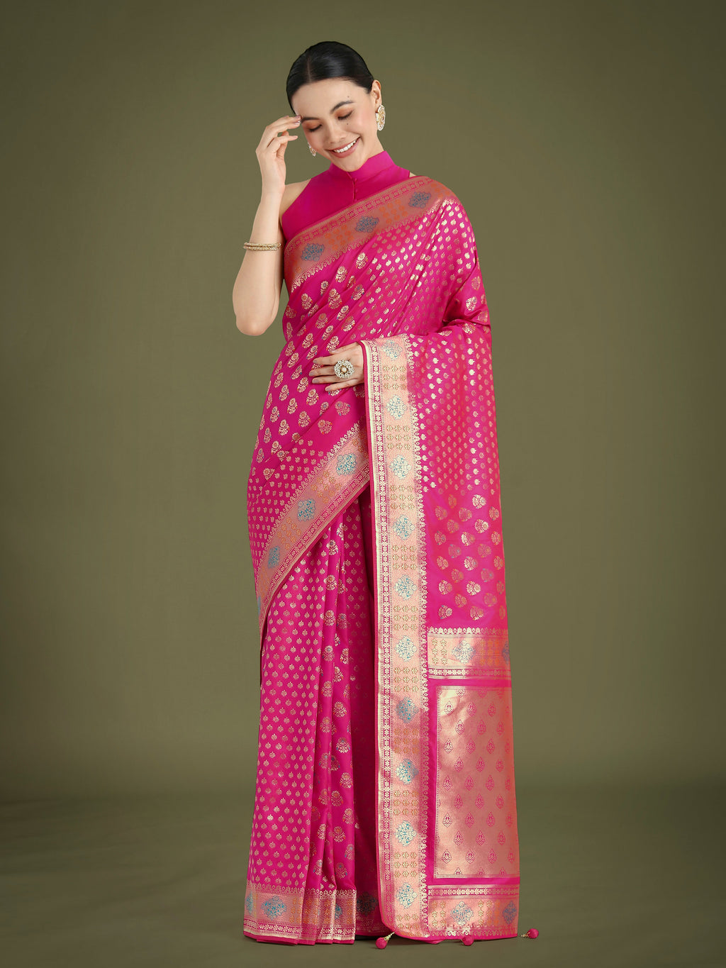 Monjolika Fashion Rani Pink Colour Banarasi Silk Zari Weaving Classic Saree | Grocsy