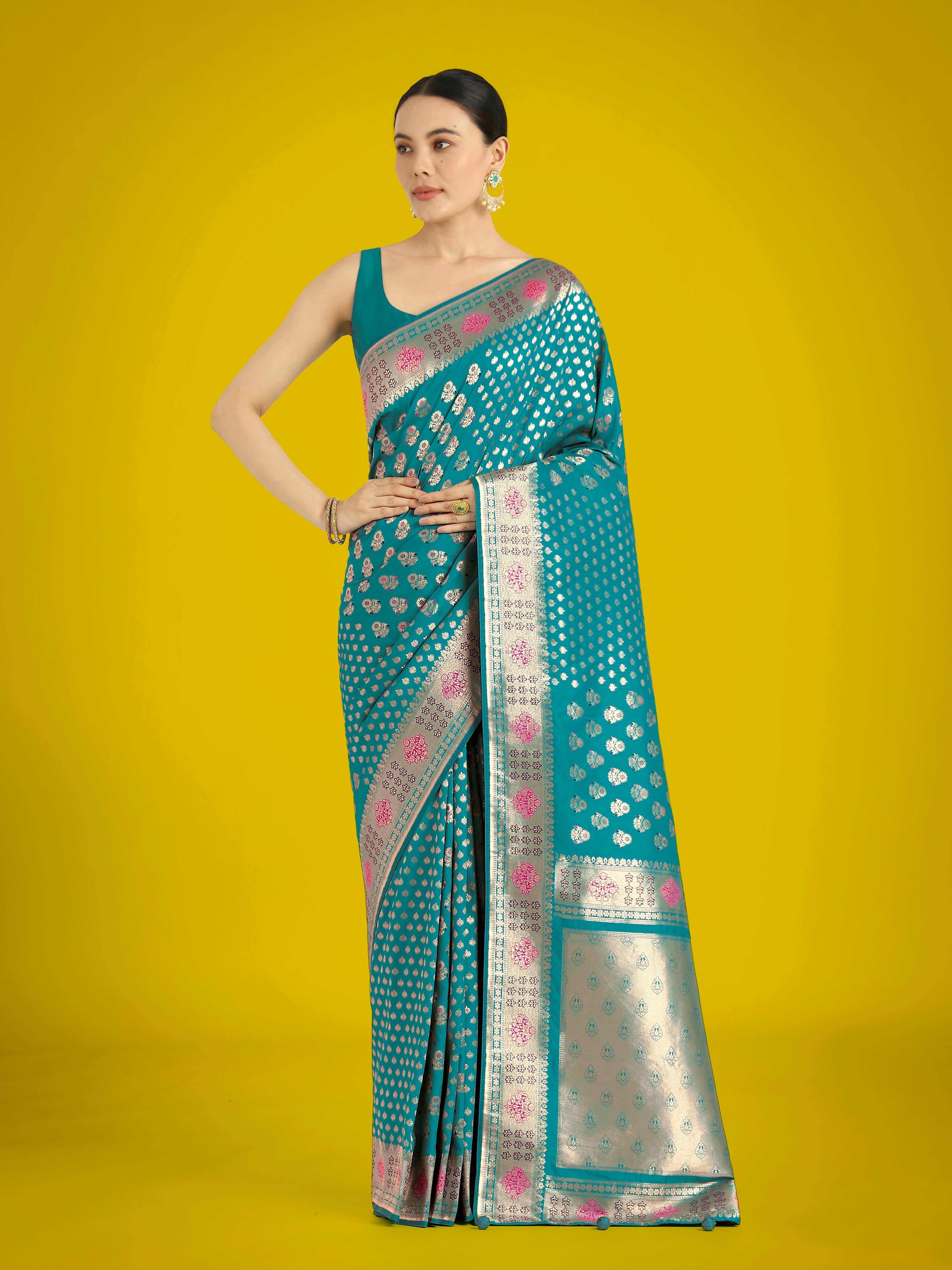 Monjolika Fashion Cyan blue Colour Banarasi Silk Zari Weaving Classic Saree | Grocsy