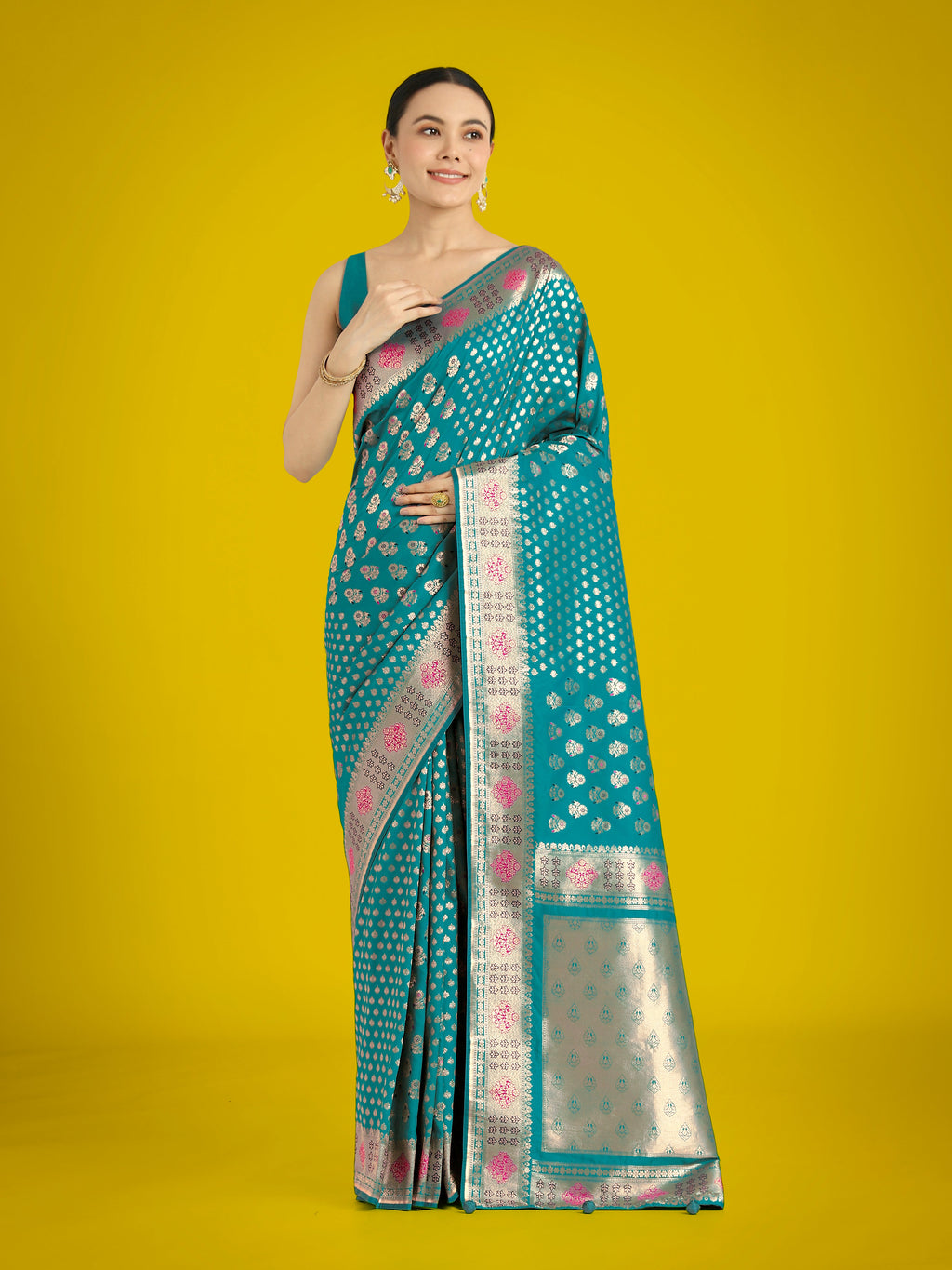 Monjolika Fashion Cyan blue Colour Banarasi Silk Zari Weaving Classic Saree | Grocsy