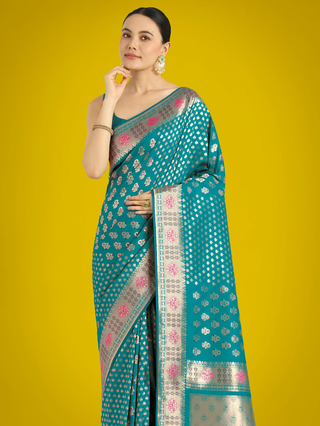 Monjolika Fashion Cyan blue Colour Banarasi Silk Zari Weaving Classic Saree | Grocsy
