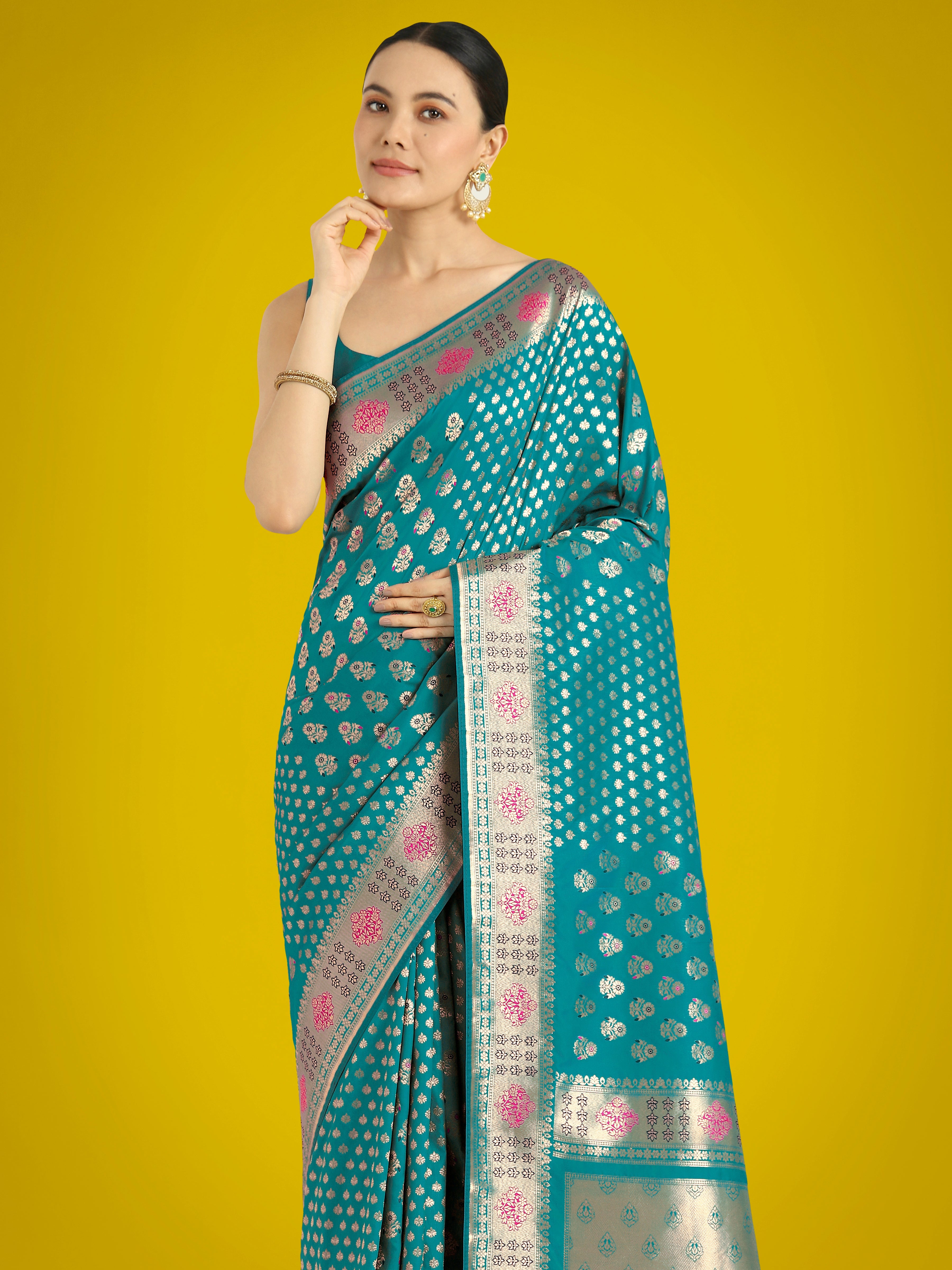 Monjolika Fashion Cyan blue Colour Banarasi Silk Zari Weaving Classic Saree | Grocsy