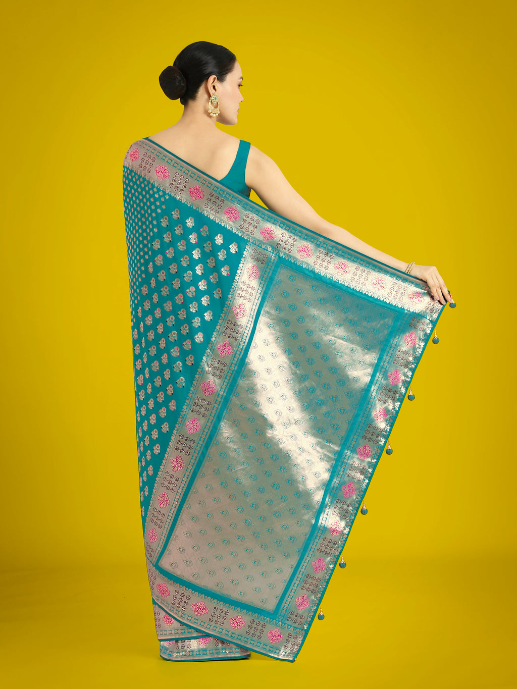 Monjolika Fashion Cyan blue Colour Banarasi Silk Zari Weaving Classic Saree | Grocsy