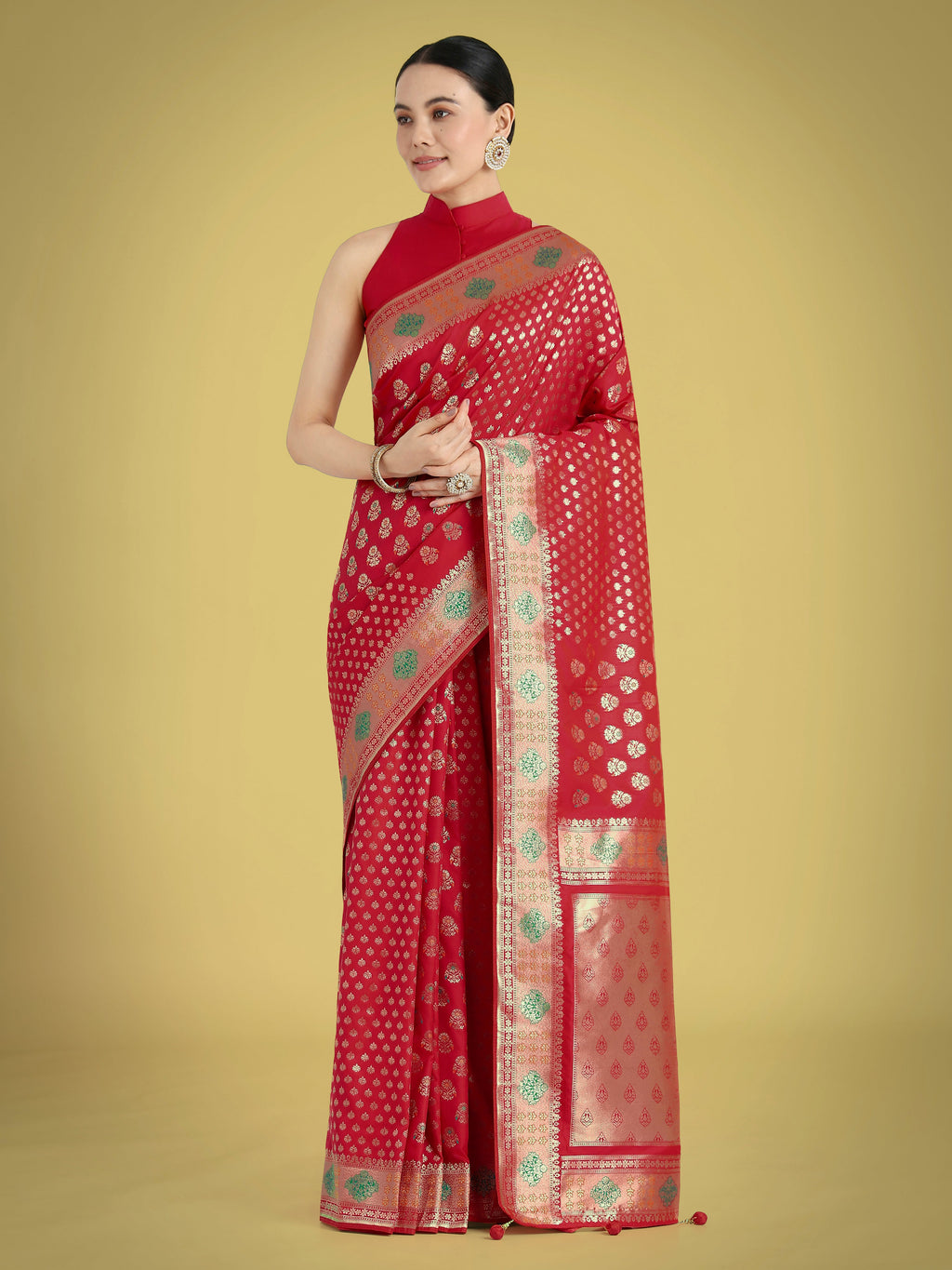 Monjolika Fashion Red Colour Banarasi Silk Zari Weaving Classic Saree | Grocsy