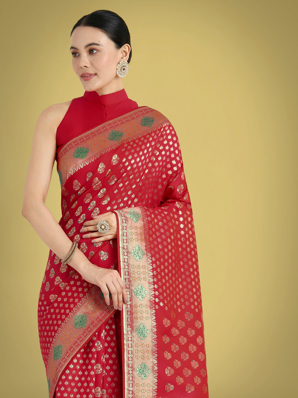 Monjolika Fashion Red Colour Banarasi Silk Zari Weaving Classic Saree | Grocsy