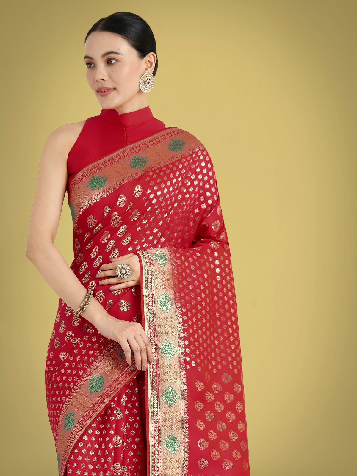 Monjolika Fashion Red Colour Banarasi Silk Zari Weaving Classic Saree | Grocsy