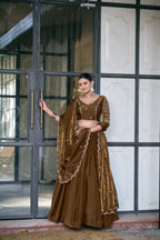 Lorenvalley Fashion Brown Fendi Silk Sequins And Thread Embroidery Work Belt Lehenga Choli With Dupatta | Grocsy