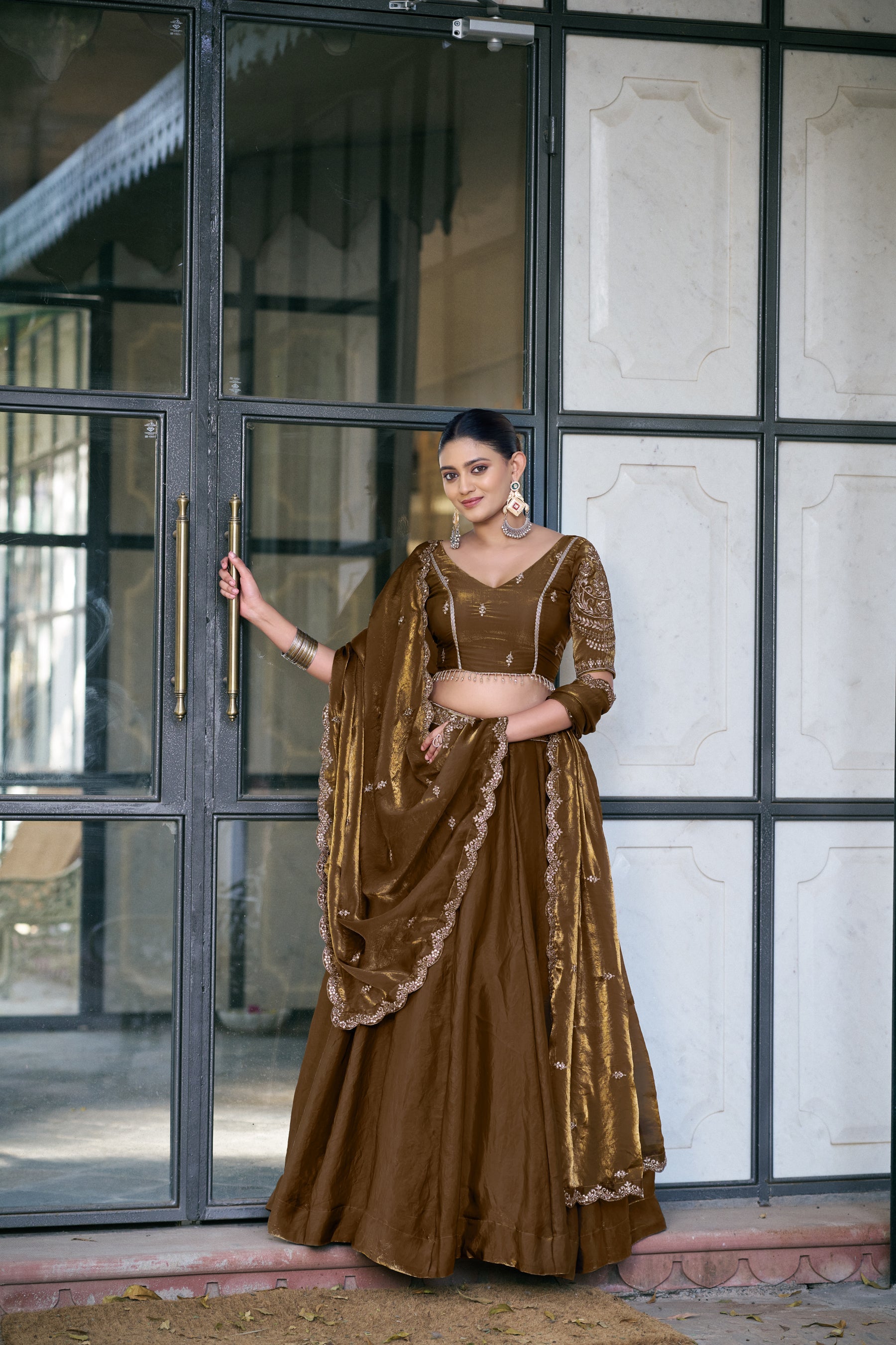 Lorenvalley Fashion Brown Fendi Silk Sequins And Thread Embroidery Work Belt Lehenga Choli With Dupatta | Grocsy