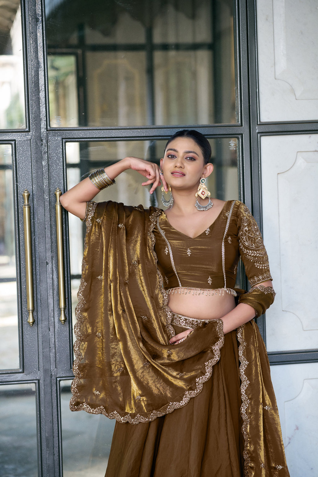 Lorenvalley Fashion Brown Fendi Silk Sequins And Thread Embroidery Work Belt Lehenga Choli With Dupatta | Grocsy