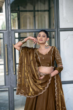 Lorenvalley Fashion Brown Fendi Silk Sequins And Thread Embroidery Work Belt Lehenga Choli With Dupatta | Grocsy