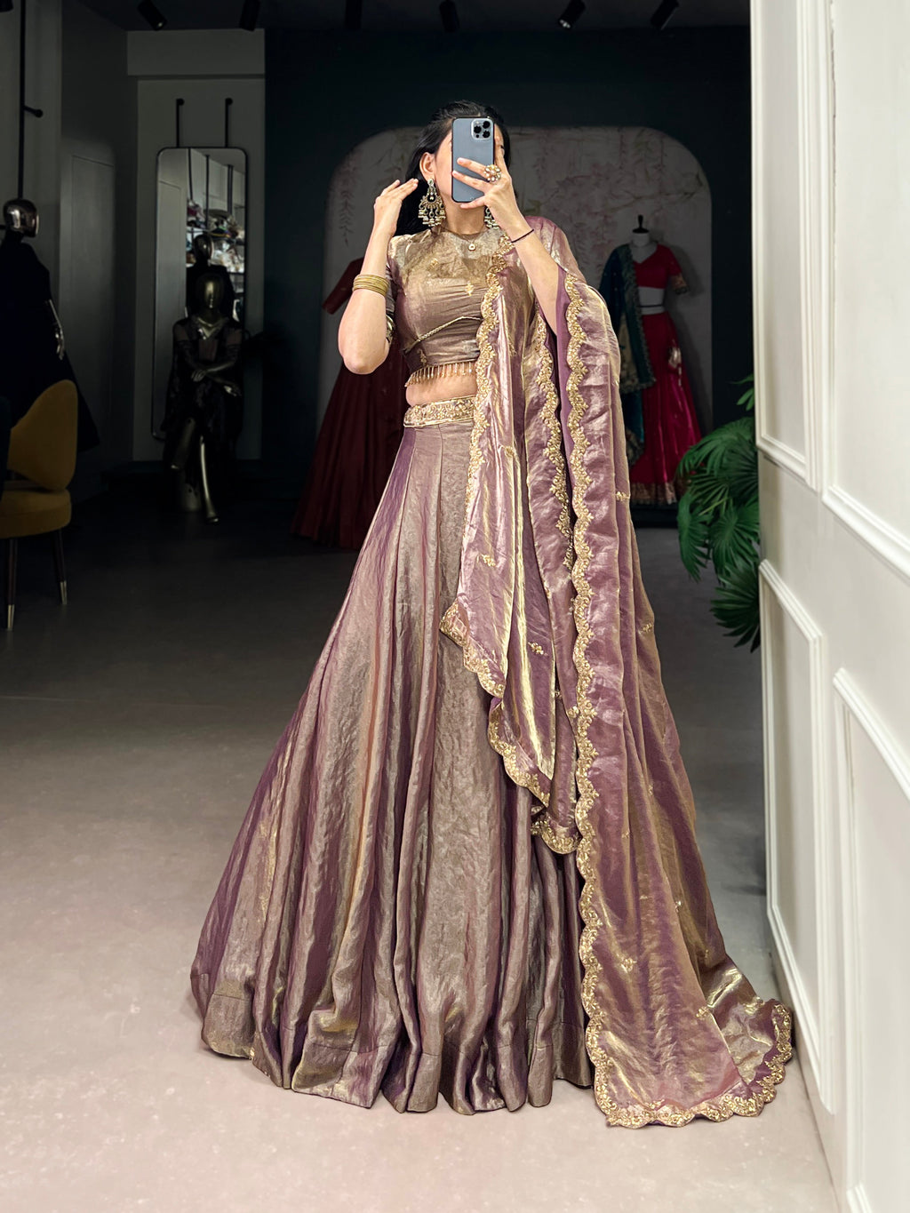 Lorenvalley Lavender Fendi Silk Sequins and Thread Embroidery Work Belt Lehenga Choli with Dupatta | Grocsy