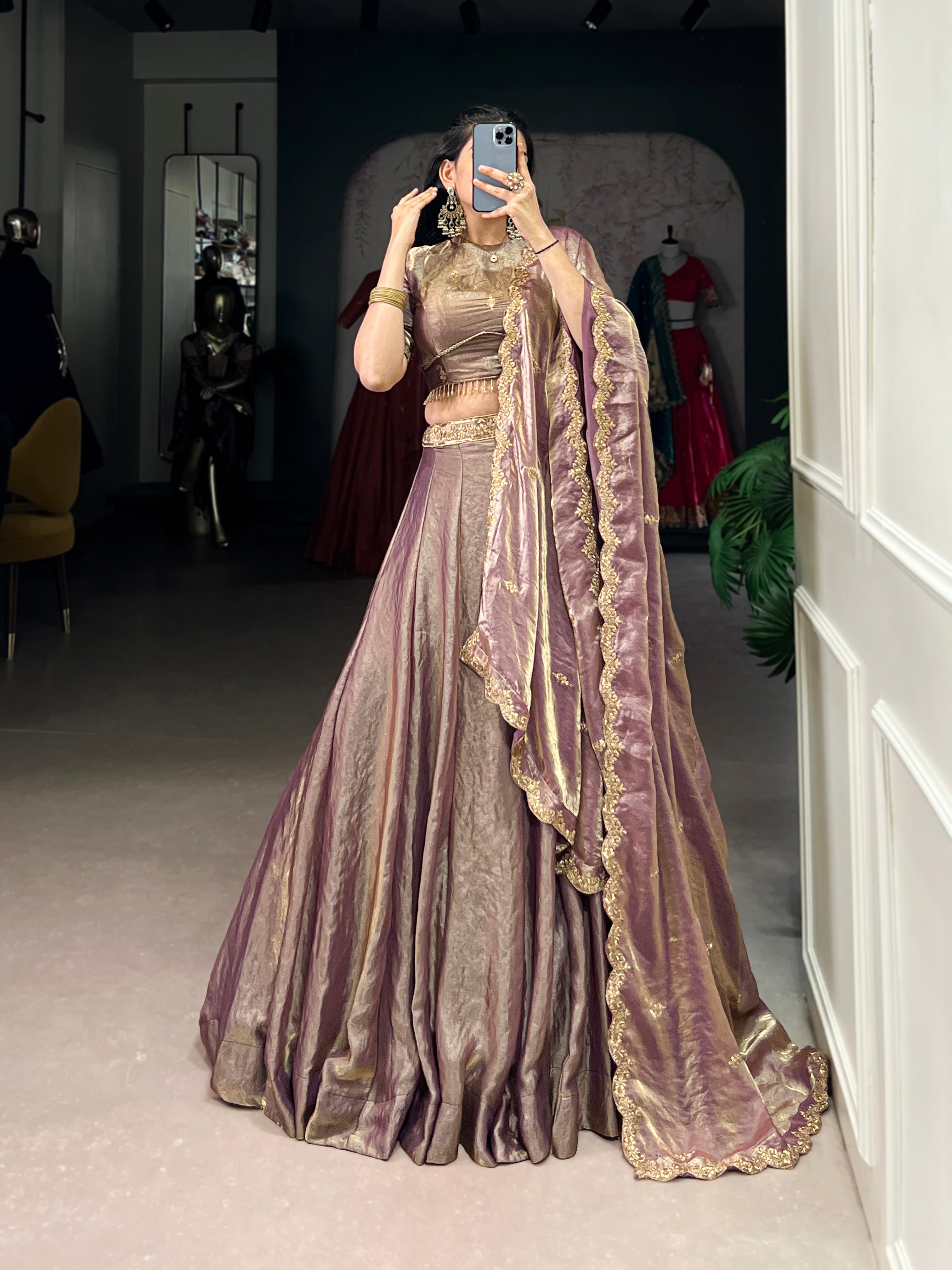 Lorenvalley Lavender Fendi Silk Sequins and Thread Embroidery Work Belt Lehenga Choli with Dupatta | Grocsy