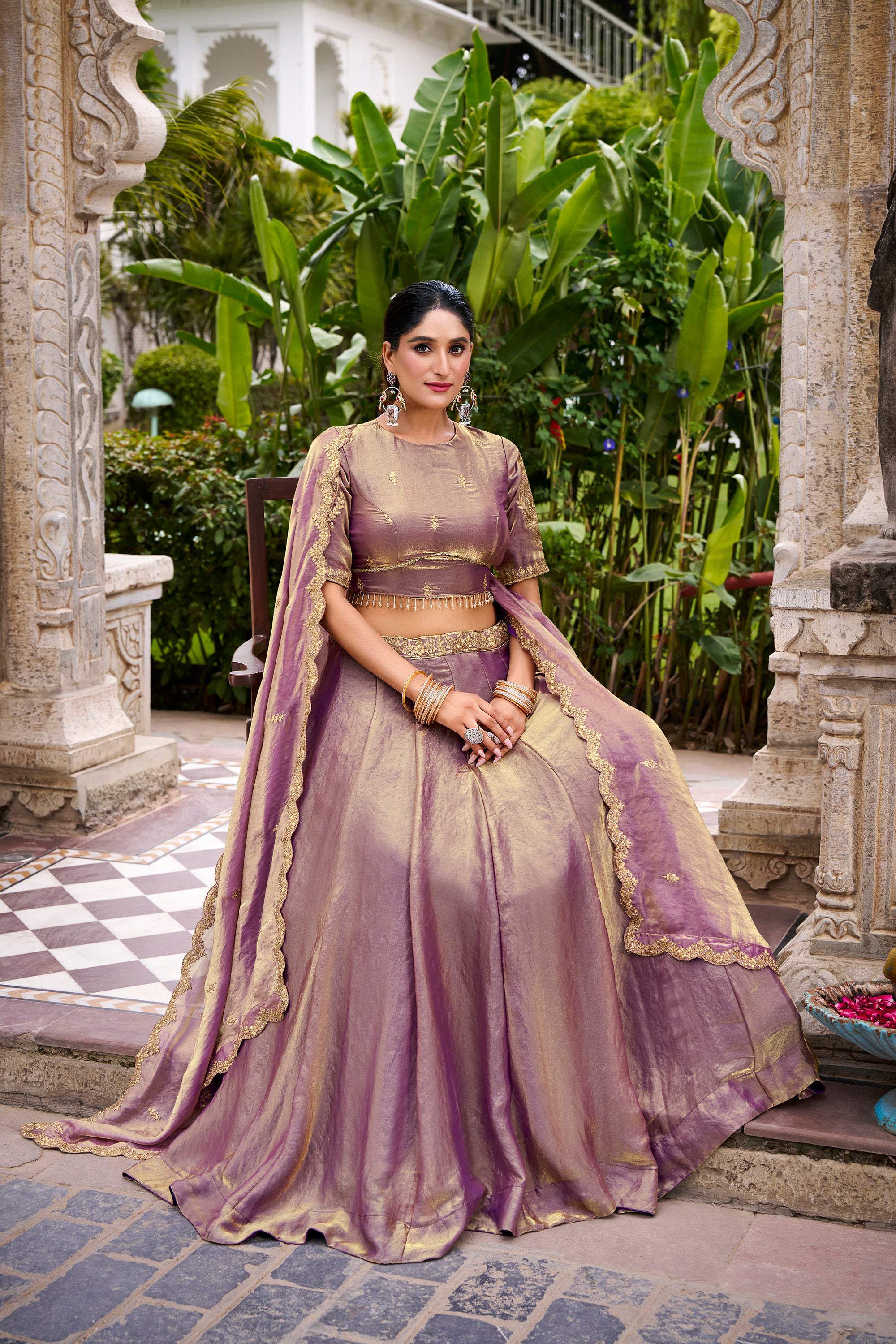 Lorenvalley Fashion Lavender Fendi Silk Sequins and Thread Embroidery Work Belt Lehenga Choli with Dupatta | Grocsy