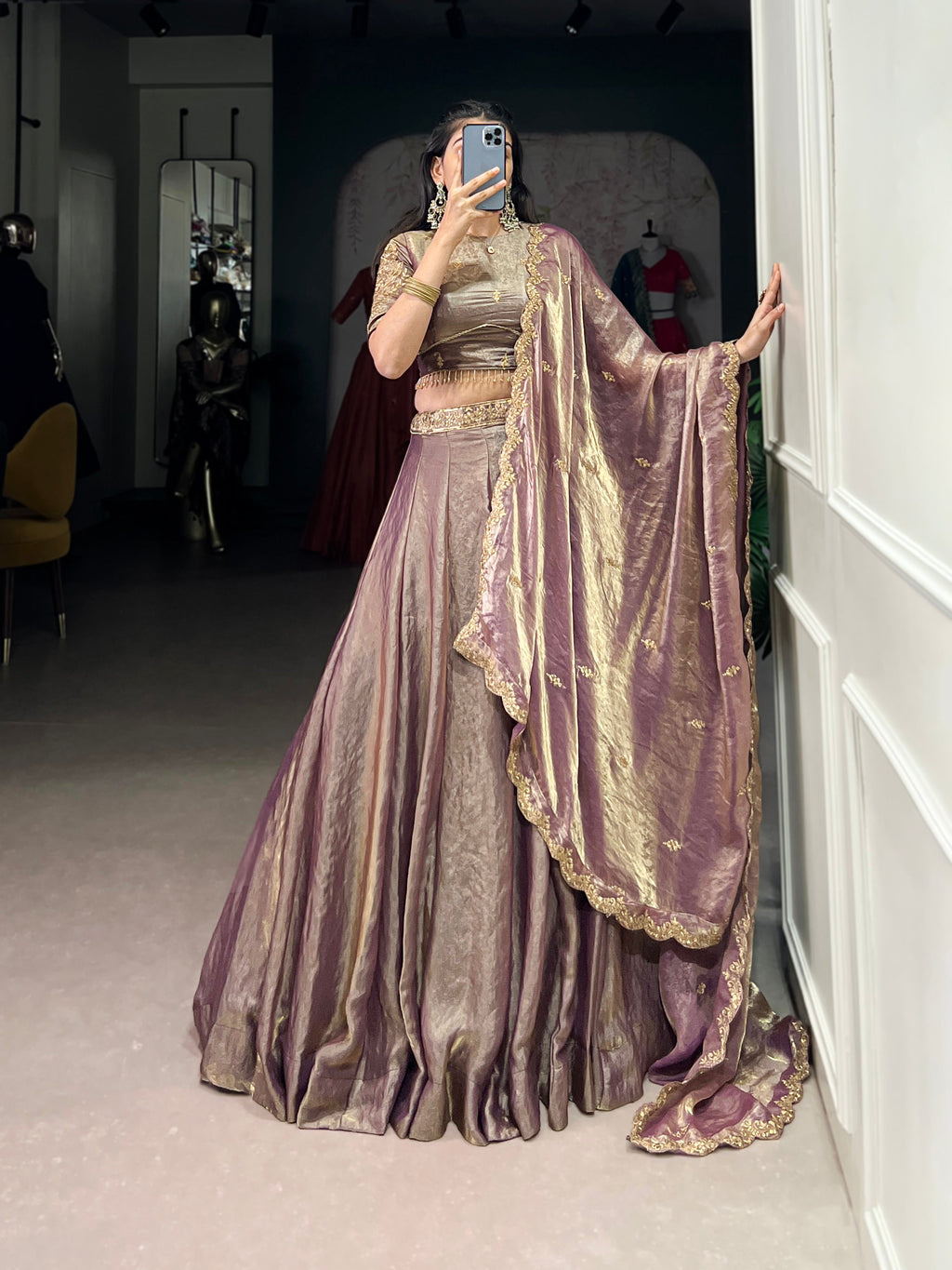 Lorenvalley Lavender Fendi Silk Sequins and Thread Embroidery Work Belt Lehenga Choli with Dupatta | Grocsy