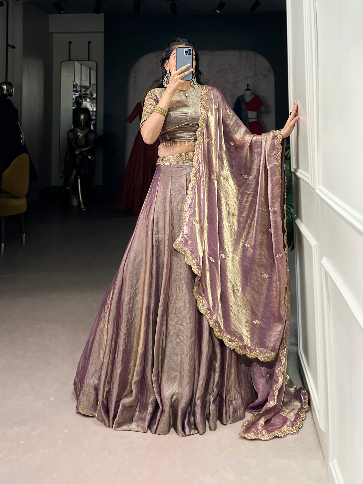Lorenvalley Lavender Fendi Silk Sequins and Thread Embroidery Work Belt Lehenga Choli with Dupatta | Grocsy