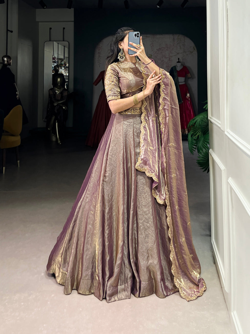 Lorenvalley Lavender Fendi Silk Sequins and Thread Embroidery Work Belt Lehenga Choli with Dupatta | Grocsy