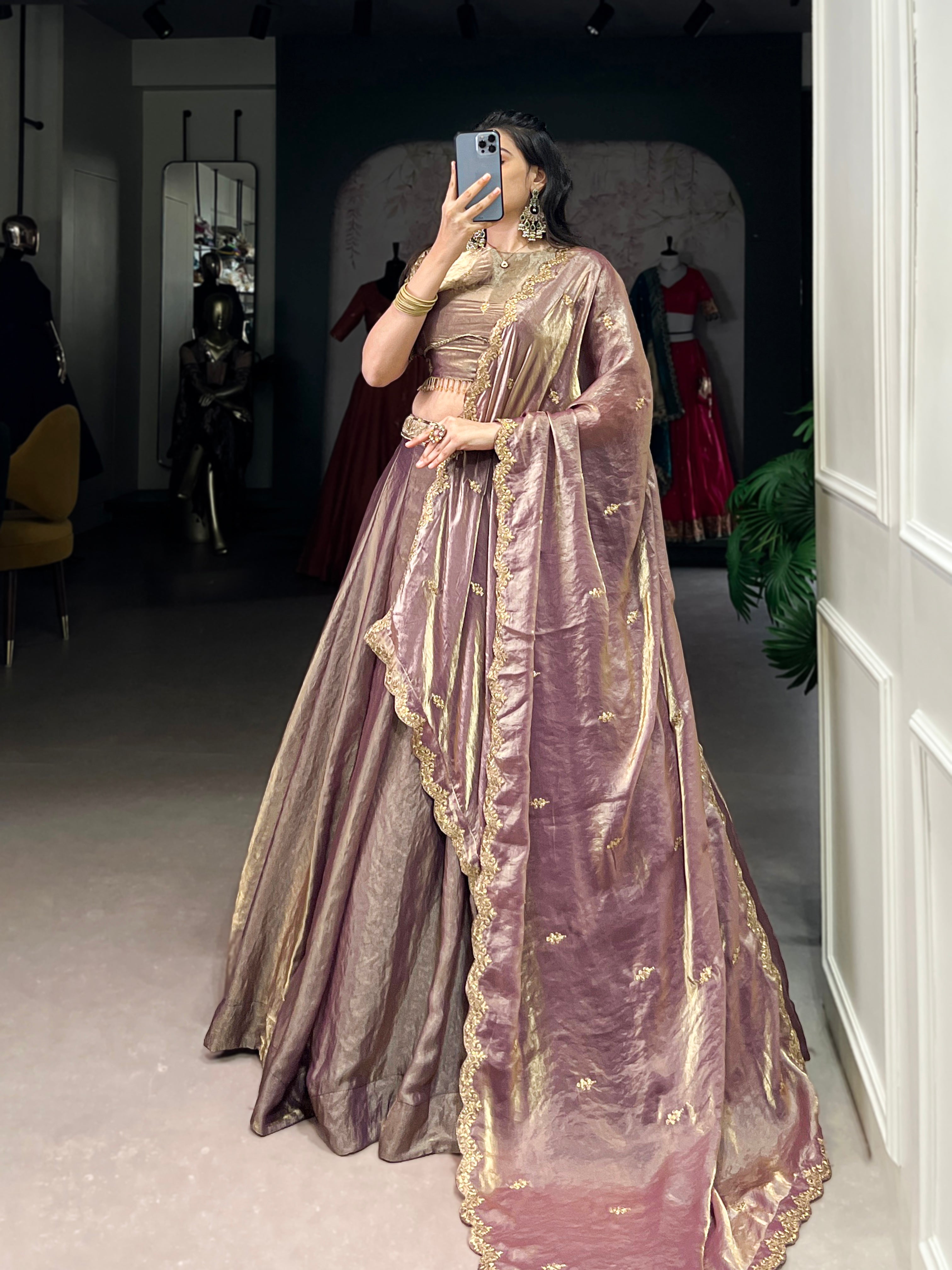 Lorenvalley Lavender Fendi Silk Sequins and Thread Embroidery Work Belt Lehenga Choli with Dupatta | Grocsy